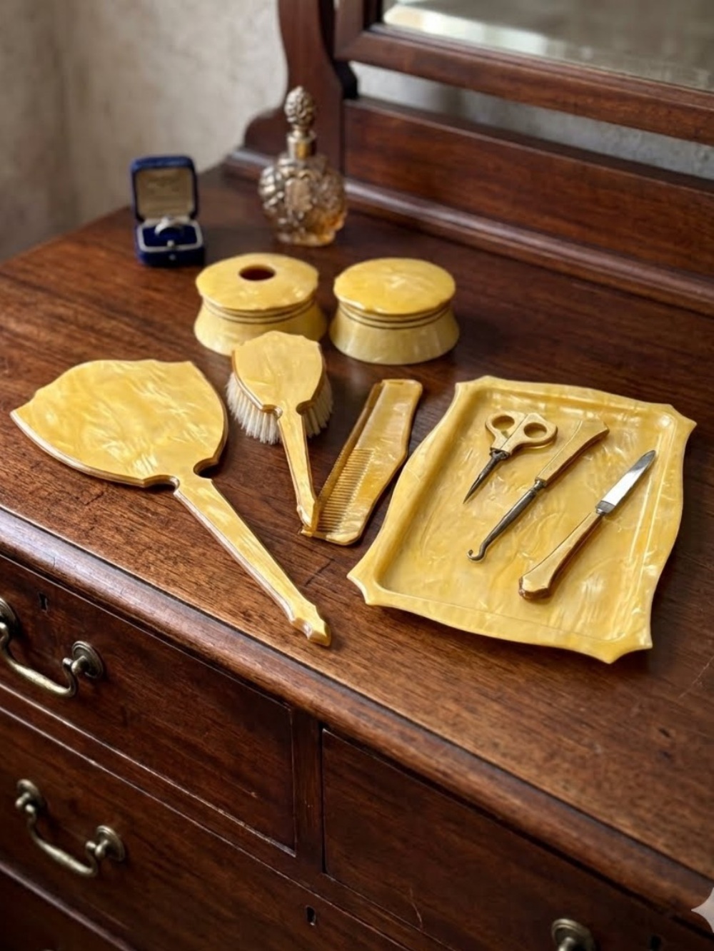 Vintage AUSCO Vanity Set
Yellow Celluloid 
Mirror, Brush, Comb, Tray & Tools
